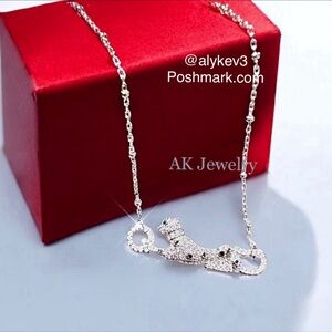 💎LUXURY NECKLACE WHITE GOLD PAVE Panther, Beaded Chain, Iconic Green Eyes